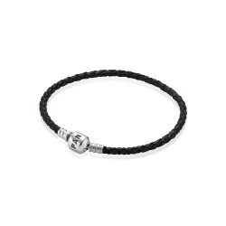 Sterling Silver Black Braided Leather Charm Bracelet